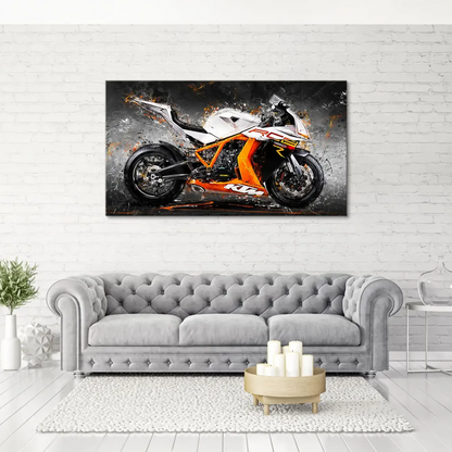 Close-up of the KTM RC8 silhouette with grunge-style orange and white splatters.