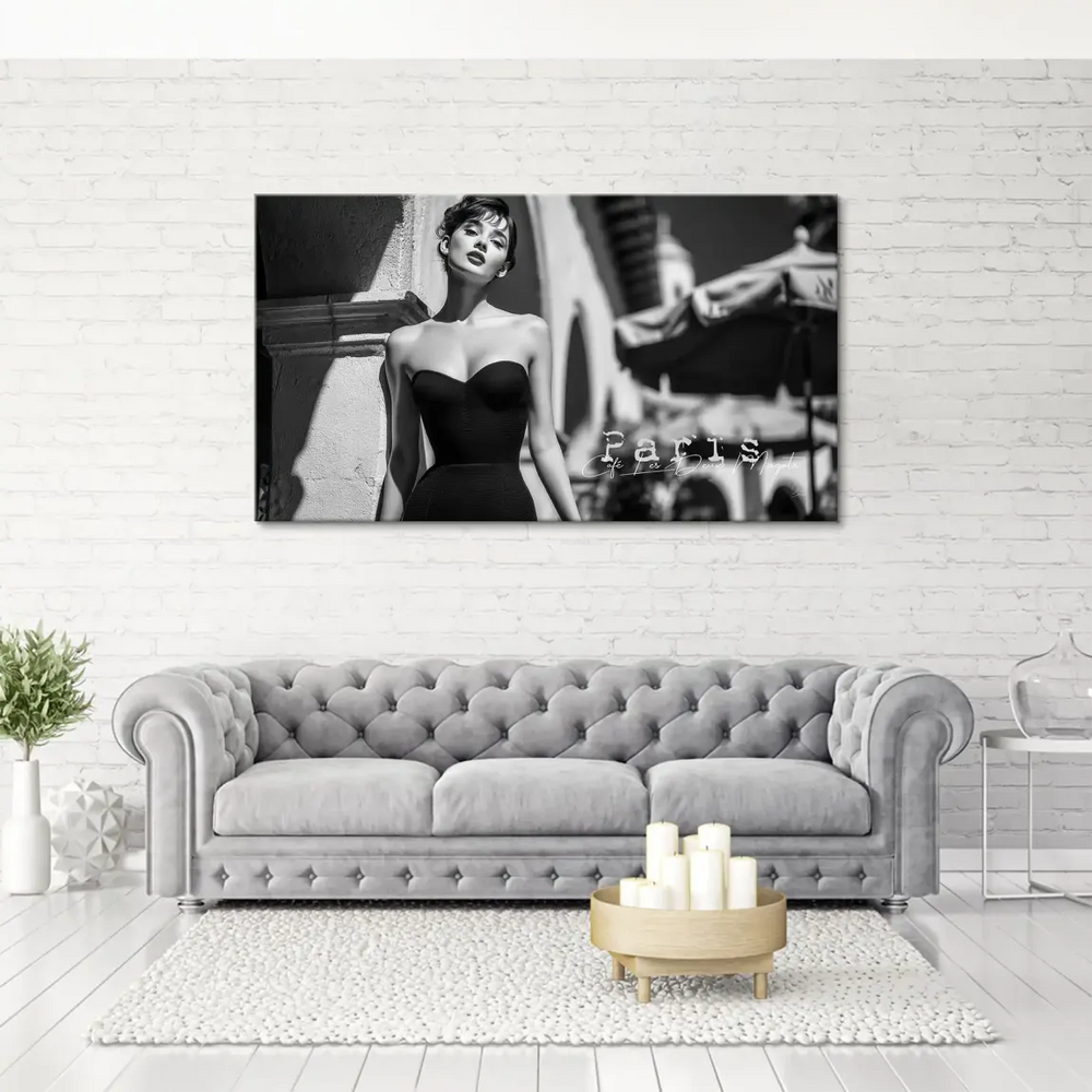 Elegant female portrait inspired by Audrey Hepburn in a chic Paris cafe scene