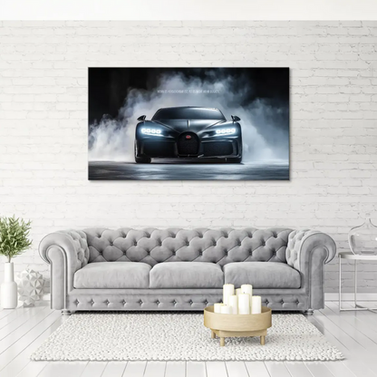 Close-up of white LED headlights and red Bugatti emblem on canvas