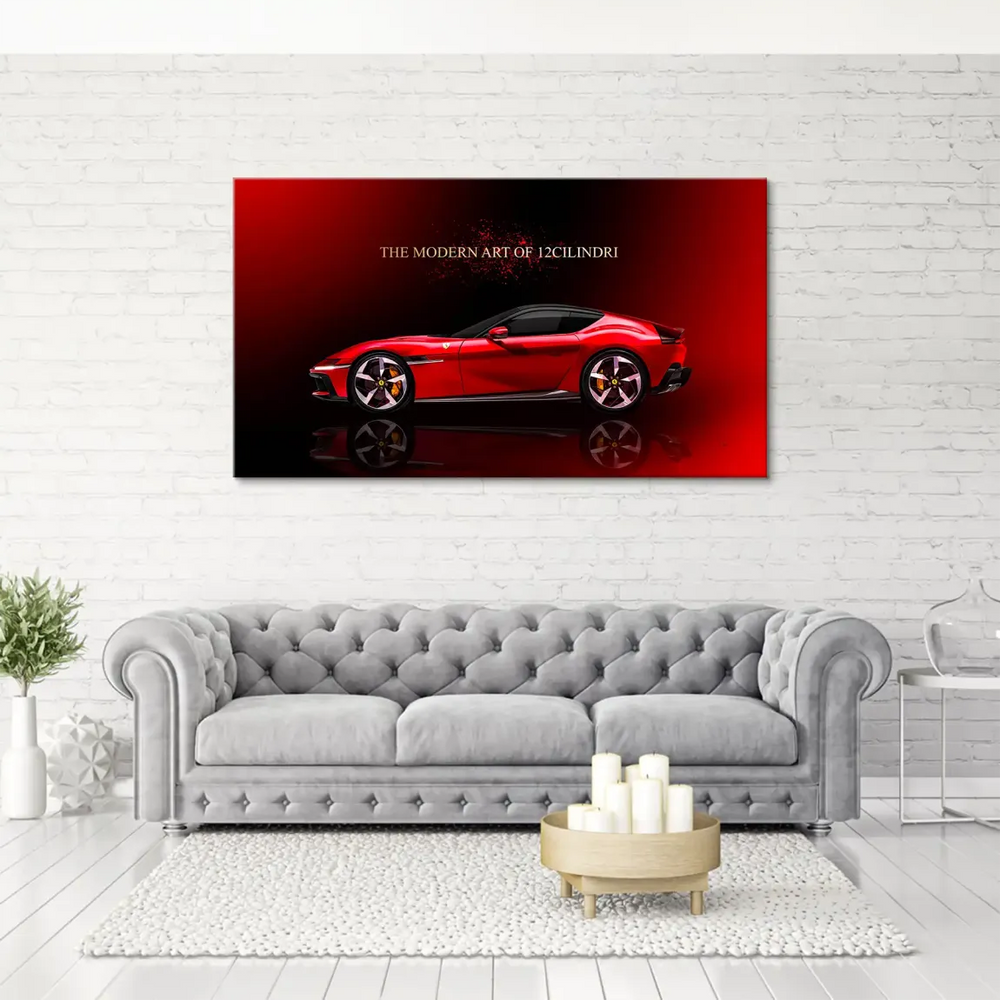 Close-up of a red Ferrari wheel and yellow brake calipers in a modern automotive art style.