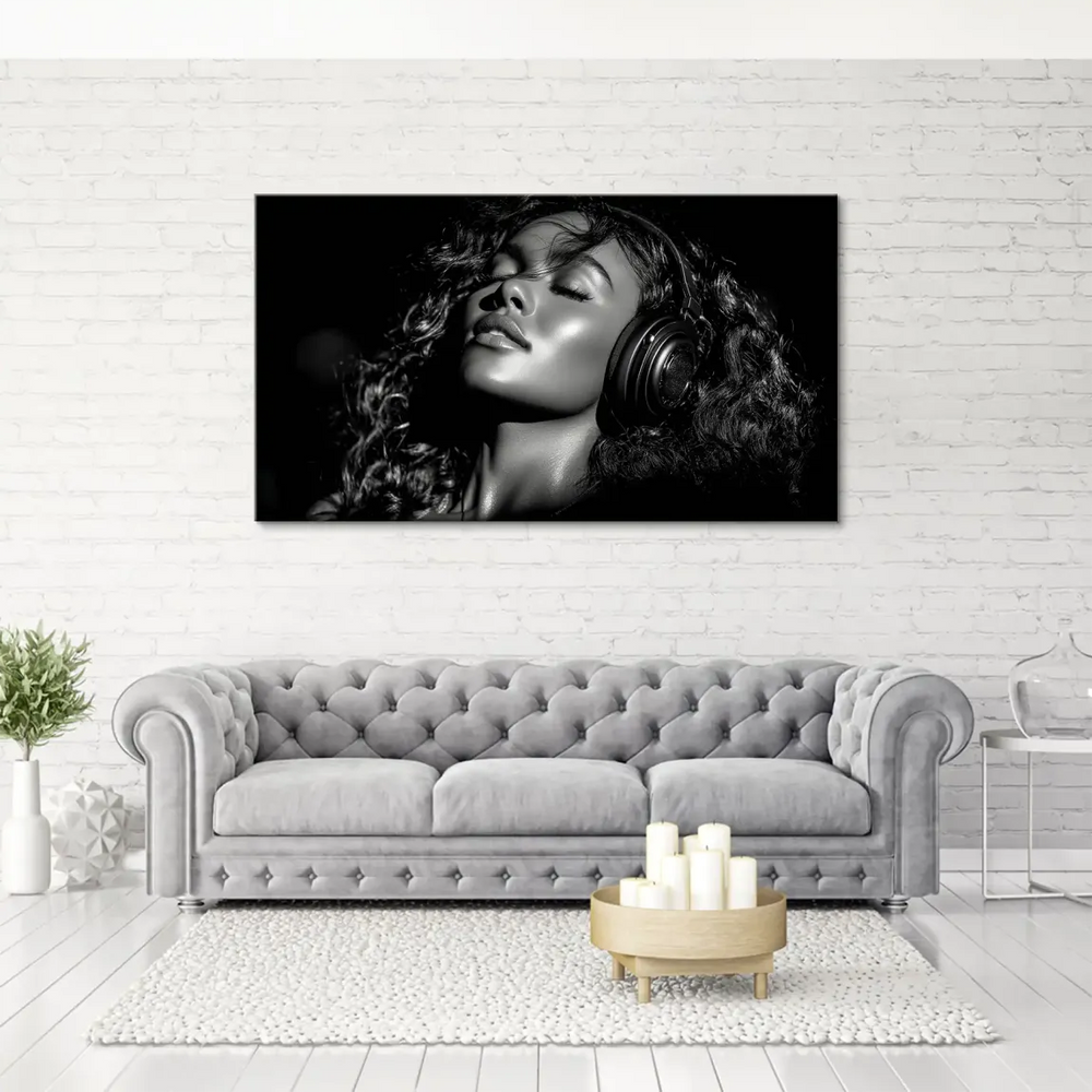 High-contrast canvas print highlighting glossy skin and bold lighting on the woman's face.