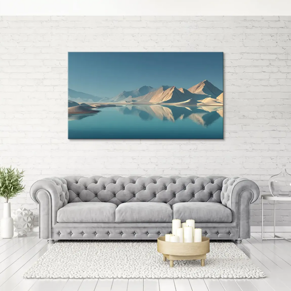Blue sky over teal water with warm sunlit peaks in a symmetrical, horizontal composition.
