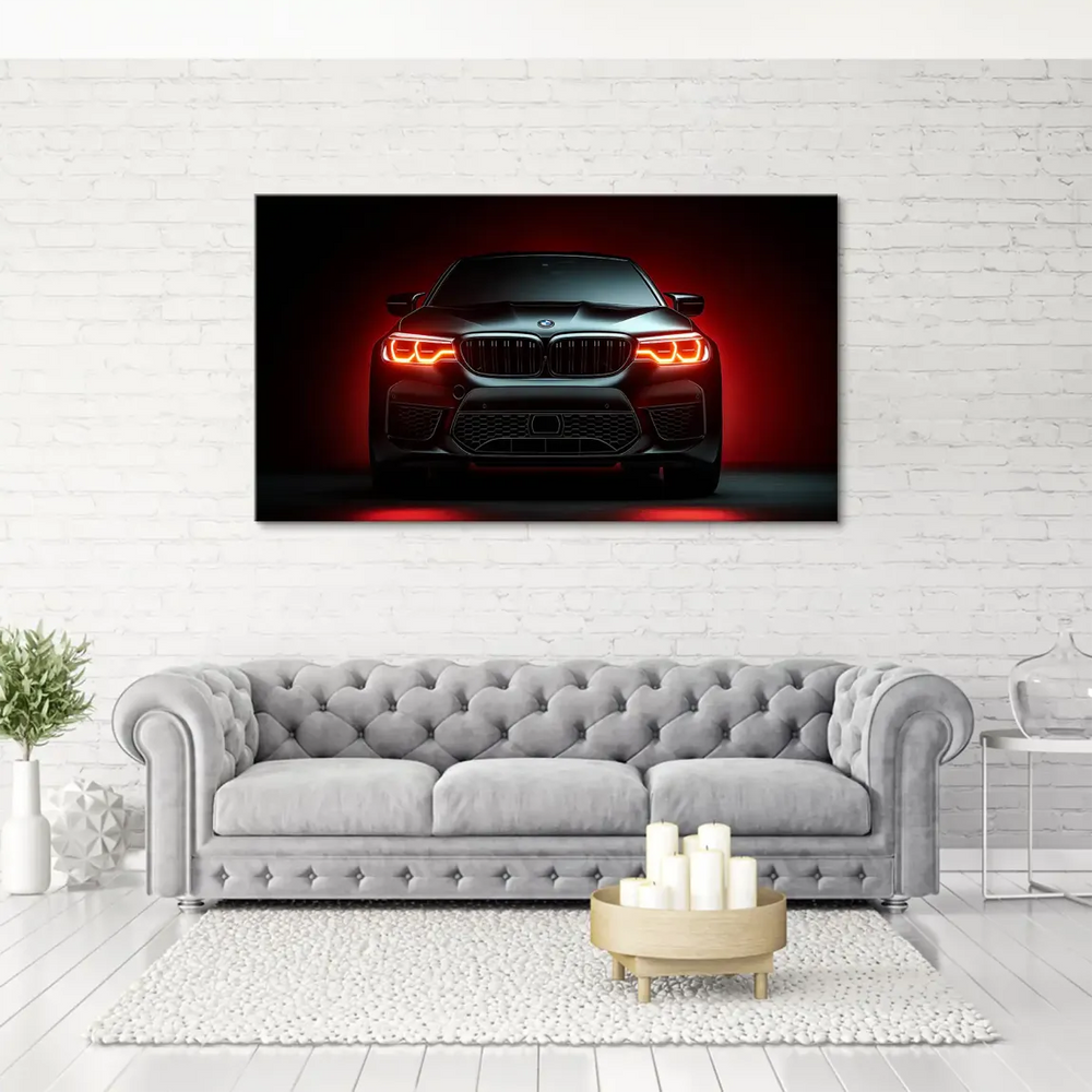 High-contrast studio-style car wall art featuring BMW M5 and fiery backdrop