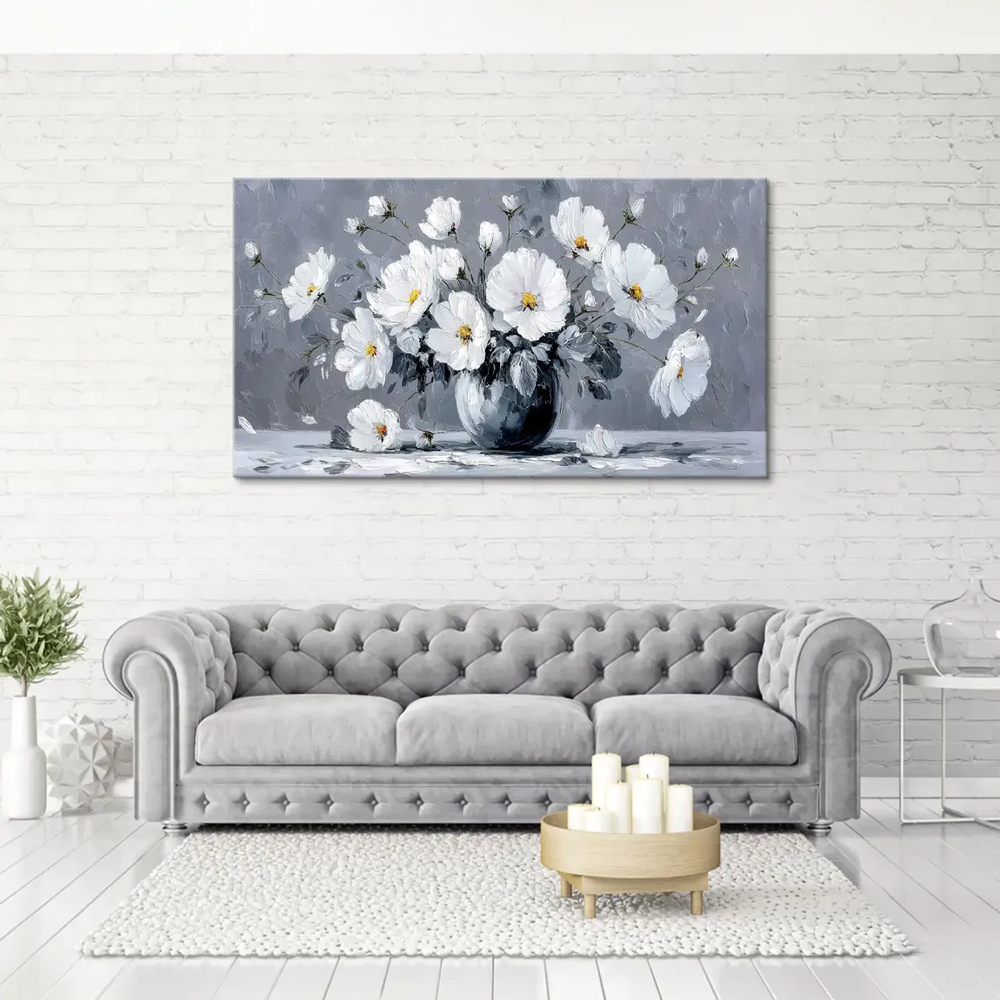 Close-up of white flowers with subtle yellow centers and silver-gray brushwork on canvas.