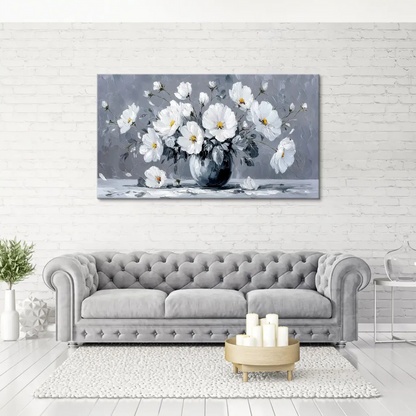 Close-up of white flowers with subtle yellow centers and silver-gray brushwork on canvas.