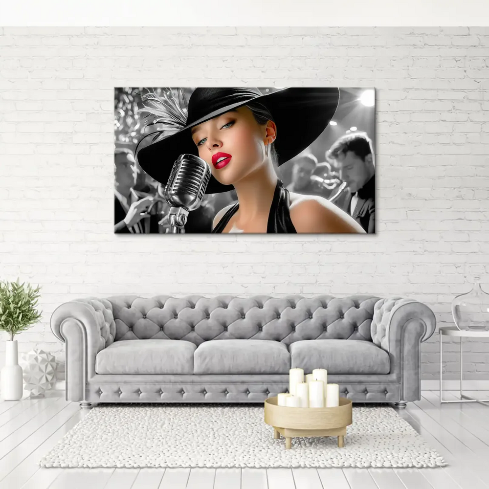 Close-up of the singer's red lips and blue eyes in an Art Deco-inspired wall art.