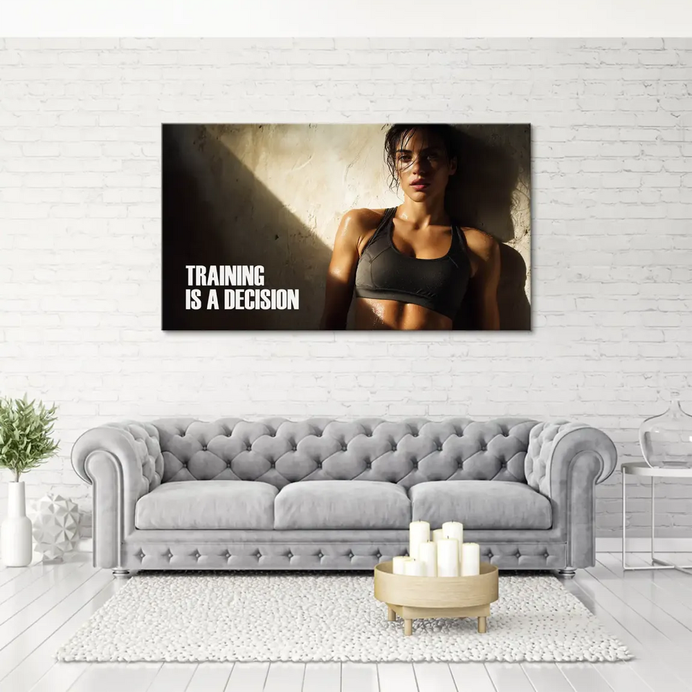 Industrial-style motivational artwork featuring a focused female athlete