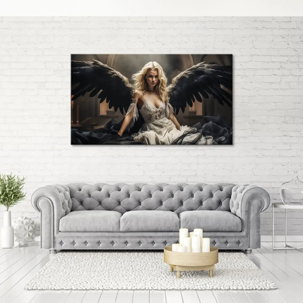 Close-up of the winged woman highlighting her intense gaze and stark black wings.