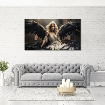 Close-up of the winged woman highlighting her intense gaze and stark black wings.