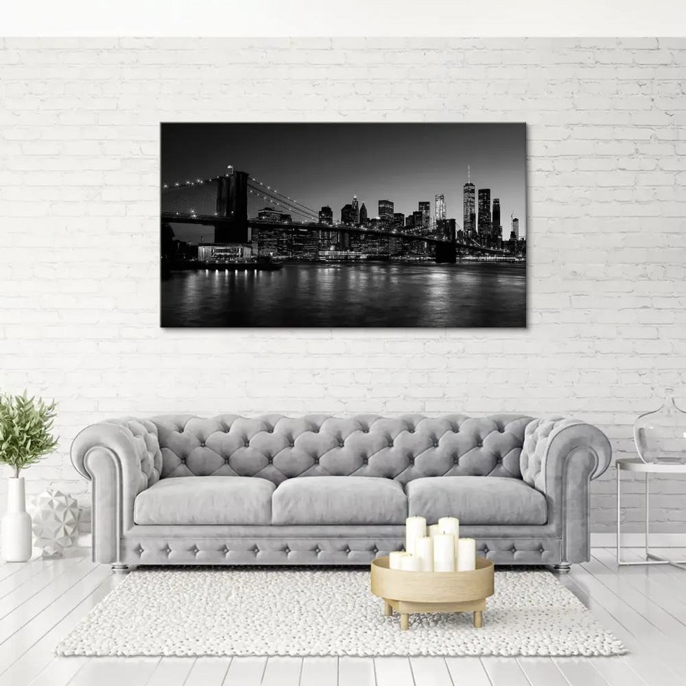 Water reflections mirror the urban skyline in the Manhattan Prestige wall art.