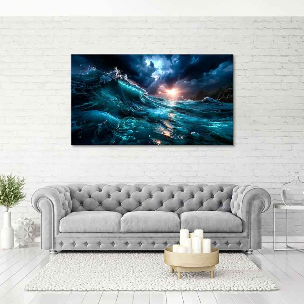 Wide seascape featuring powerful blue-green water and white foam at the horizon.