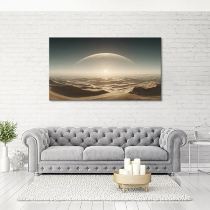 Desert dunes in warm sandy browns and ochres under a vast, hazy sky.