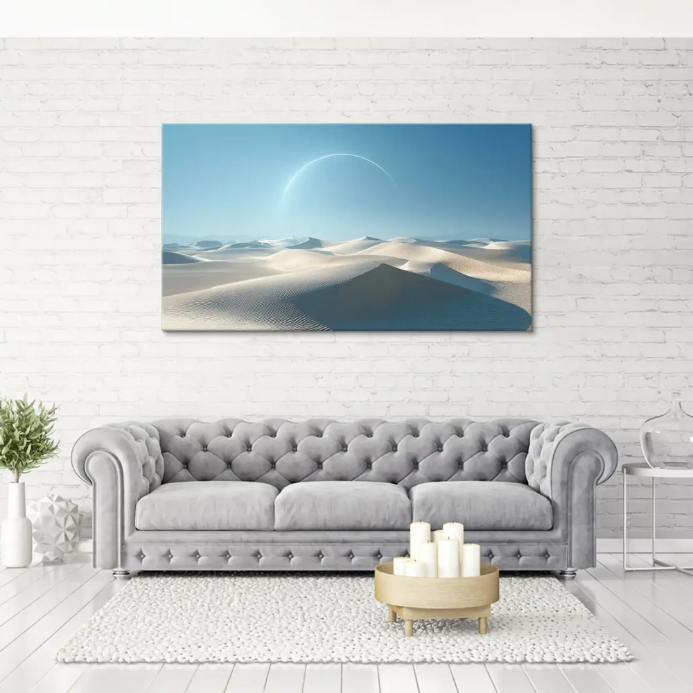 Luminous partial ring of a celestial body dominates the upper center of the desert scene.