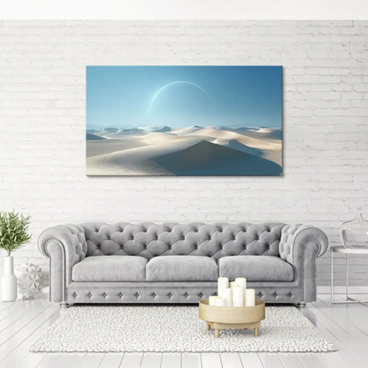 Luminous partial ring of a celestial body dominates the upper center of the desert scene.