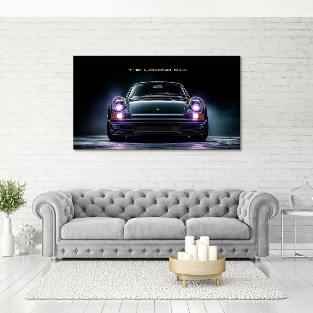Cinematic Porsche 911 wall art bathed in purple ambient light.