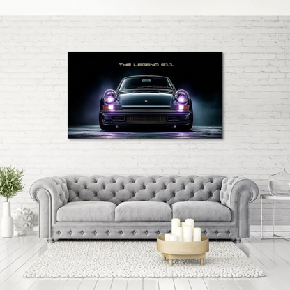 Cinematic Porsche 911 wall art bathed in purple ambient light.