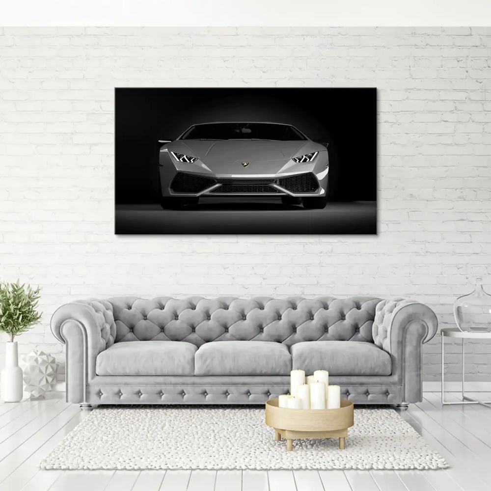 Symmetrical composition featuring a modern gray Lamborghini in a minimalist car wall art print.