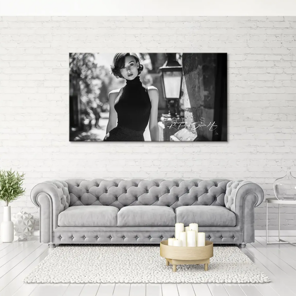 Mid-century Hollywood glamour wall art with street lamp and stone wall
