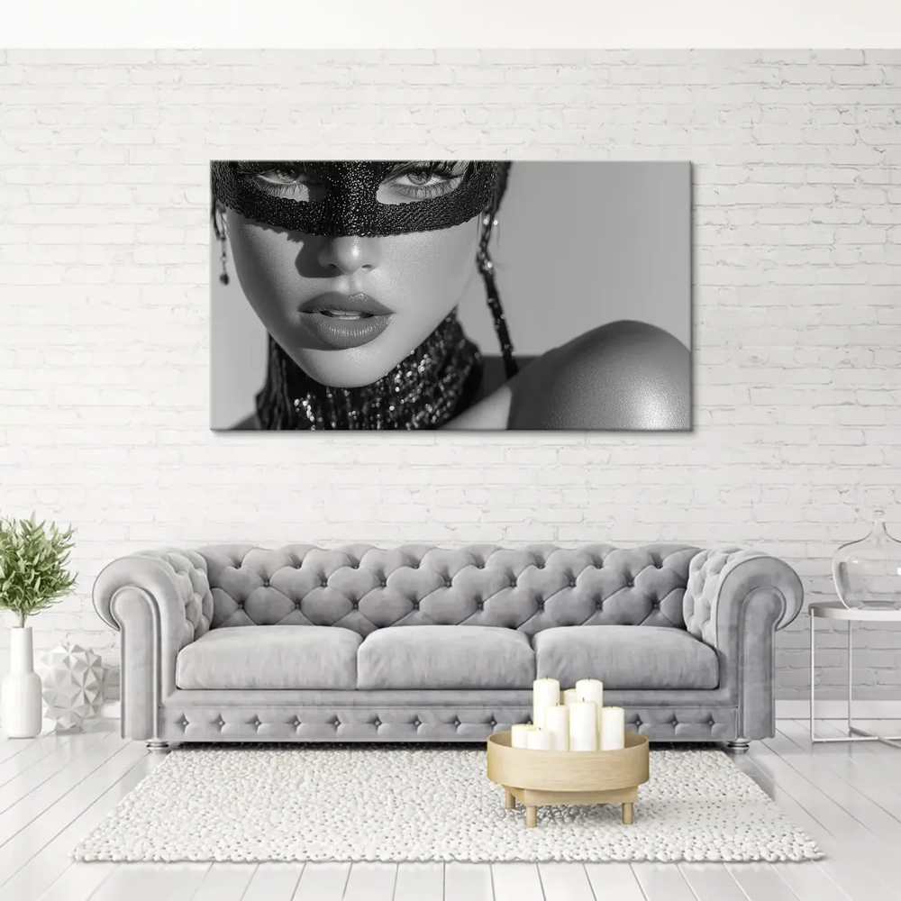 Monochrome wall art featuring a mysterious woman with a dramatic mask and intense gaze.