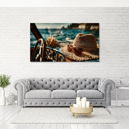 Turquoise sea and distant land under bright sky