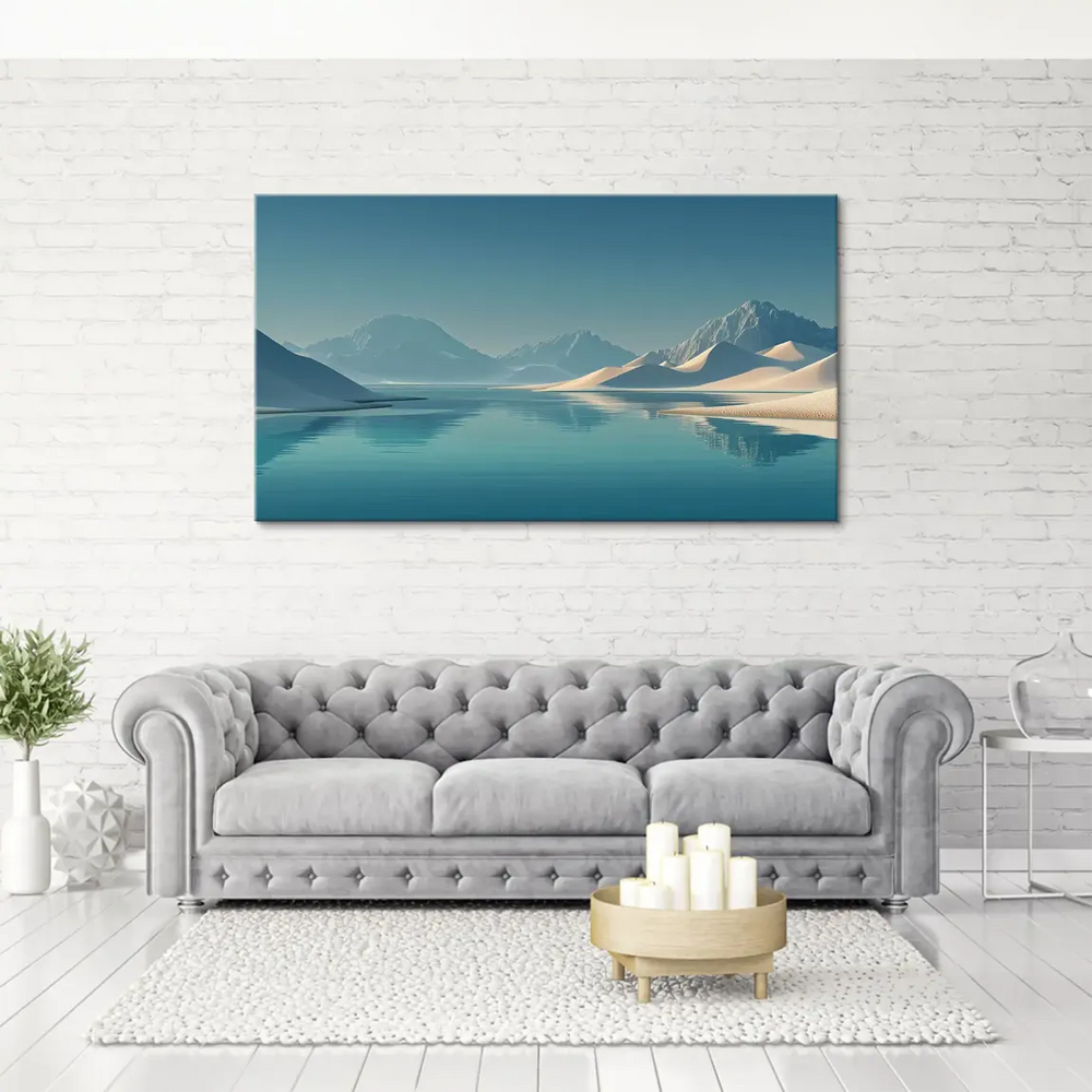 Minimalist landscape showing blue sky, reflective water, and beige dunes on canvas