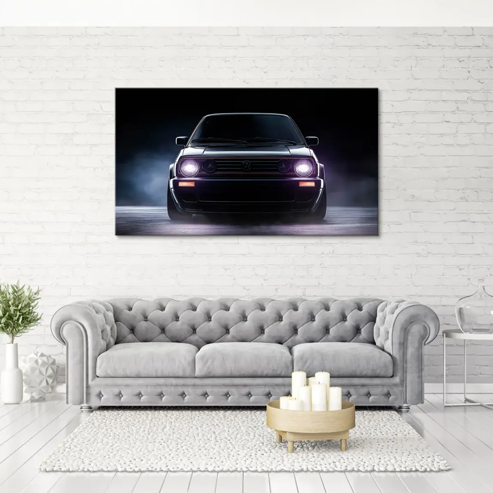 Close-up of a VW Golf Mk2 silhouette against a moody black background in dramatic canvas wall art.