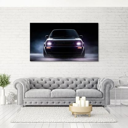 Close-up of a VW Golf Mk2 silhouette against a moody black background in dramatic canvas wall art.