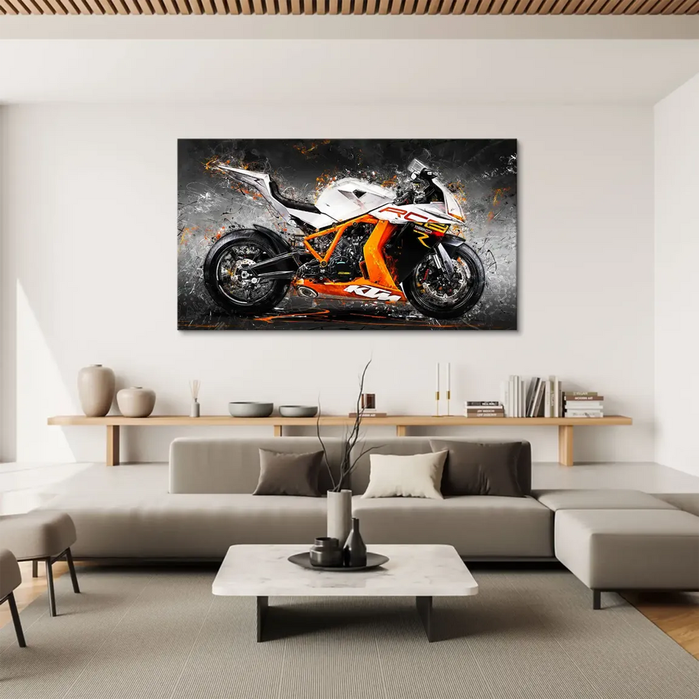 Central composition showcasing a sleek KTM RC8 sport bike in bold colors.