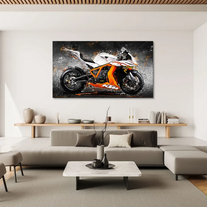 Central composition showcasing a sleek KTM RC8 sport bike in bold colors.