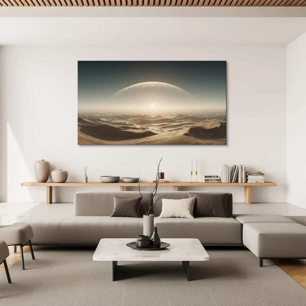 Expansive horizon bathed in teal and ethereal tones for a calm, otherworldly mood.