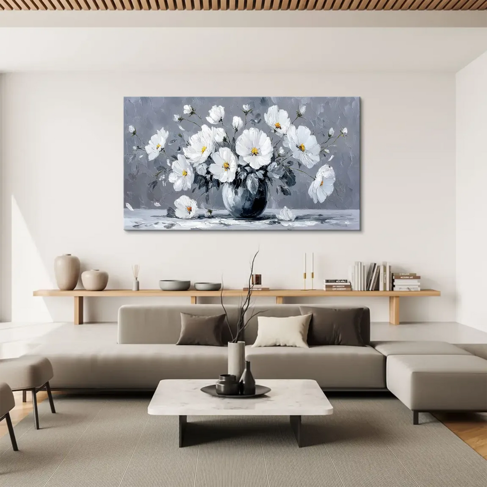 Landscape-oriented floral wall art in a modern setting, showcasing a serene white blossom arrangement.