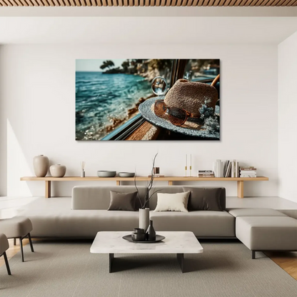 Foreground with vacation essentials and shallow depth of field in blue tones