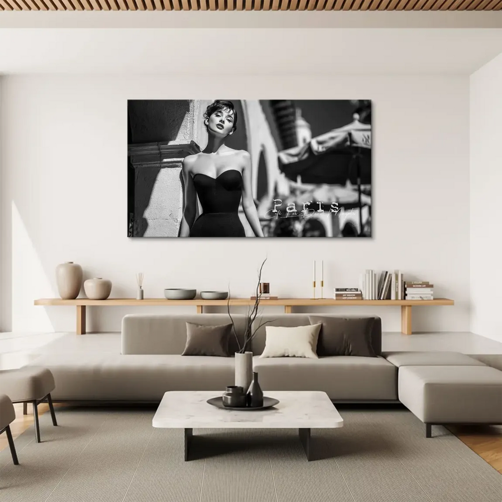 Monochrome wall art depicting classic Hollywood glamour with a Paris street cafe setting