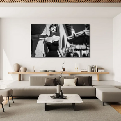 Monochrome wall art depicting classic Hollywood glamour with a Paris street cafe setting
