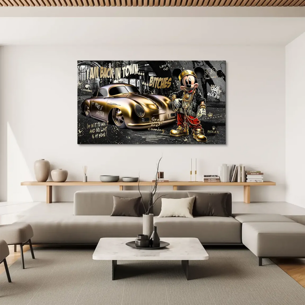Angle view highlighting the gold palette and bold street graffiti textures on the canvas