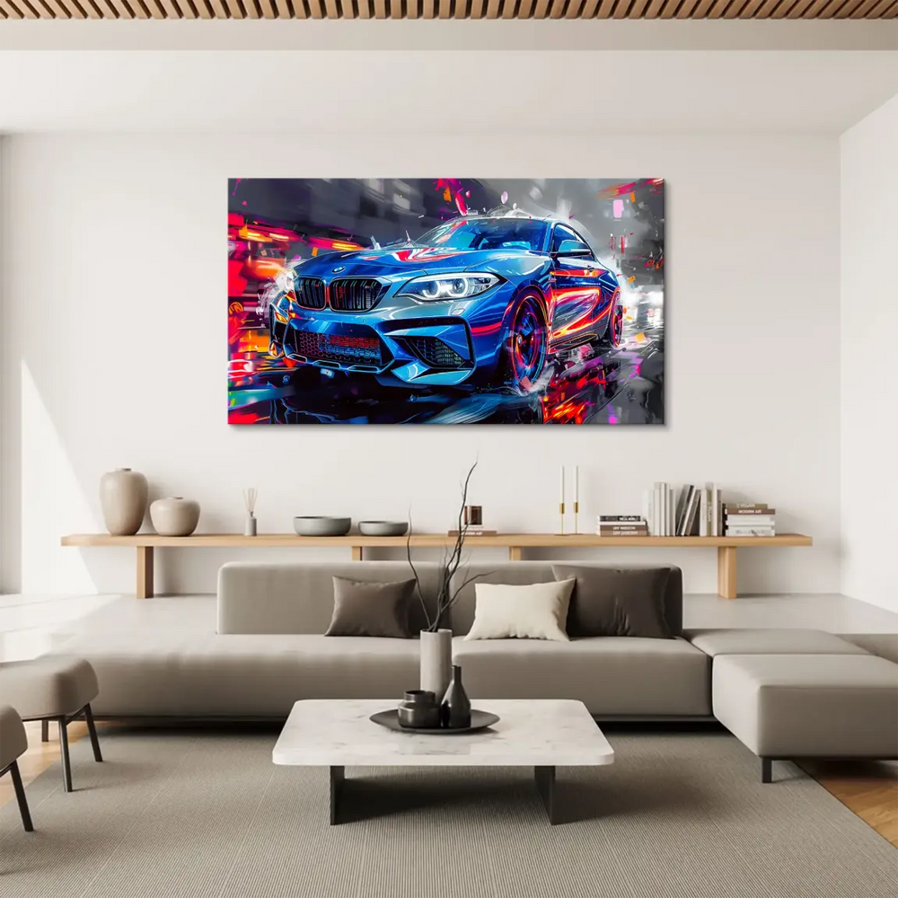 Abstract neon-lit urban scene with a fast BMW M2 low-angle perspective.