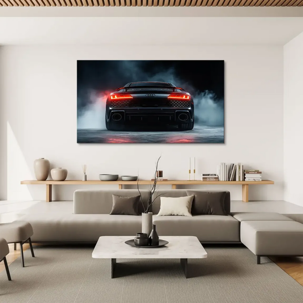 Close-up of the Audi R8 silhouette against a moody, high-contrast backdrop.