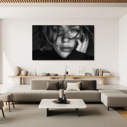 Monochrome canvas print featuring a thoughtful female face with dramatic shadows