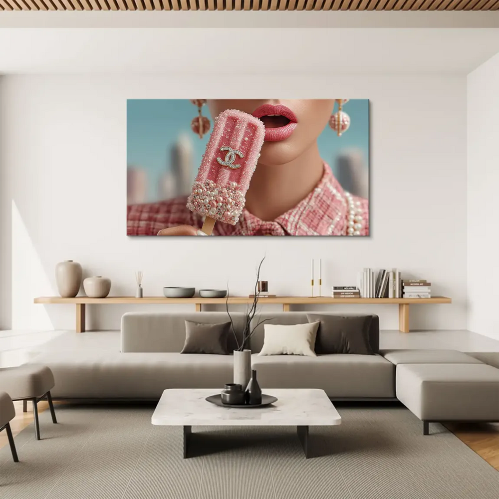 Detailed view of a pink tweed jacket and pearl earrings complementing the glamorous subject in the artwork.