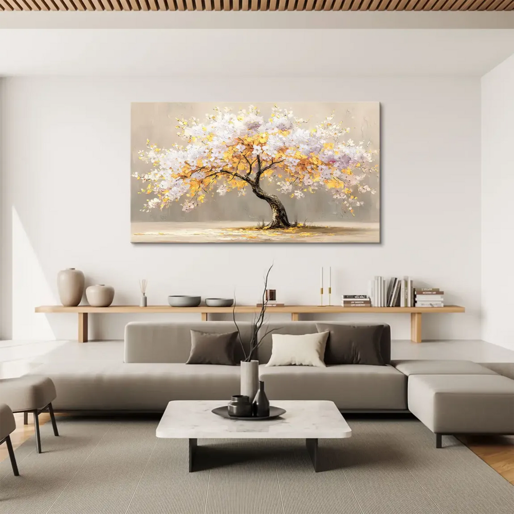 Graceful tree trunk curves through the center of a horizontally oriented canvas with white blossoms.
