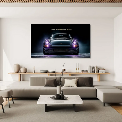 Amber turn signals illuminate a classic Porsche 911 on a black canvas print.