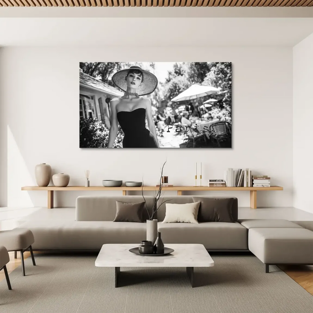 Vintage fashion portrait style wall art in monochrome evoking 1950s-1960s Hollywood glamour
