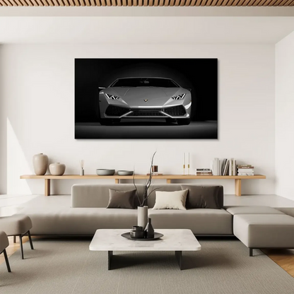 Close-up detail of the car's grille and metallic silver-grey body in grayscale wall art.