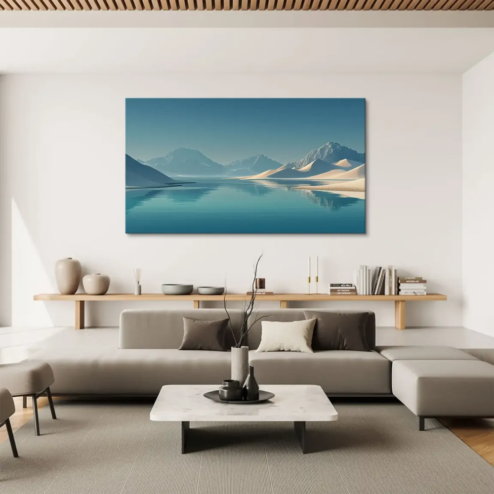 Abstract-realist desert scene in blues, whites, and soft beiges