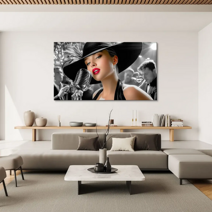 Elegant wide-brim hat with feathers and a refined club backdrop in monochrome tones.