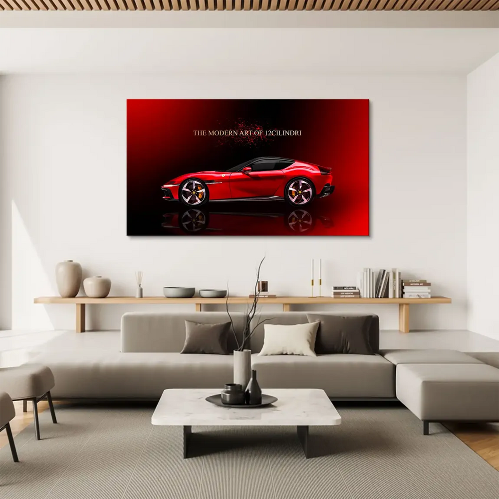 Red Ferrari sports car reflected on a glossy floor, showcasing luxury car wall art.
