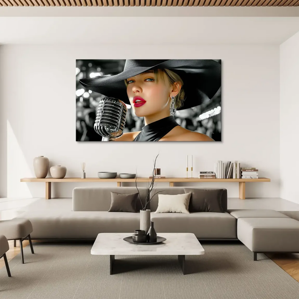 Photorealistic portrait in a noir-inspired jazz club scene with a colored subject against a monochrome background