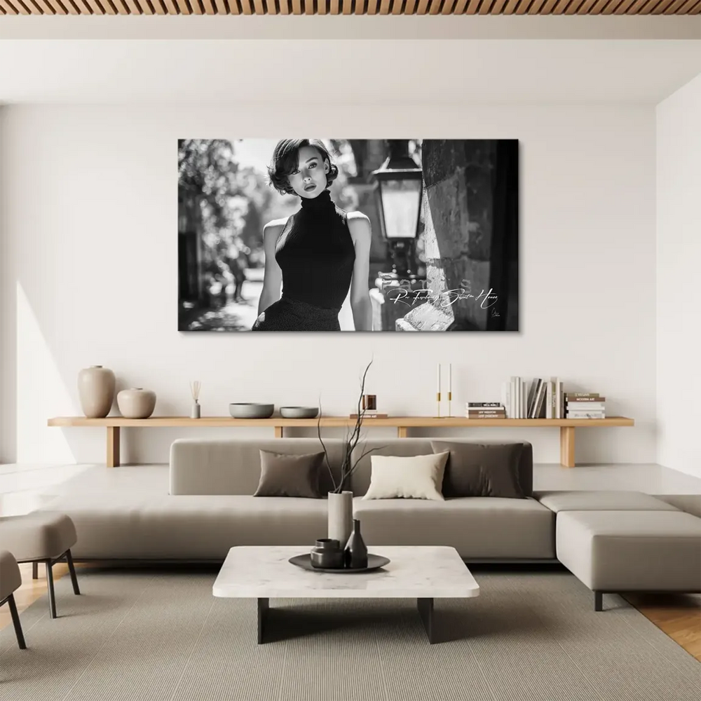 Black and white chic woman in Parisian street art canvas