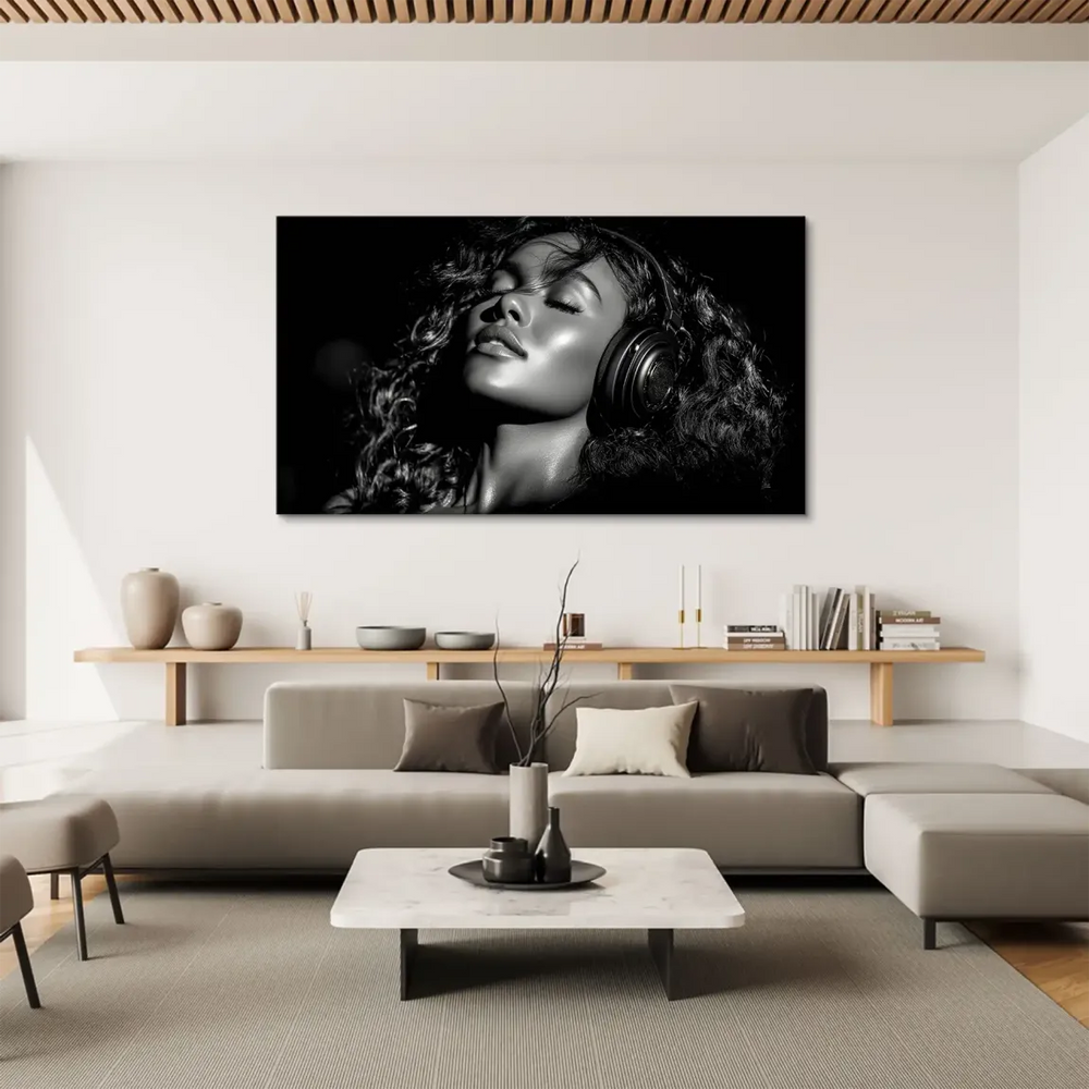 Monochrome artwork featuring a serene female musician with a focused gaze.