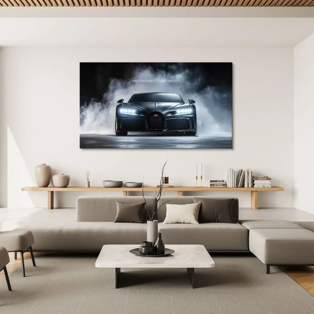 Swirling smoke backdrop behind luxury Bugatti artwork